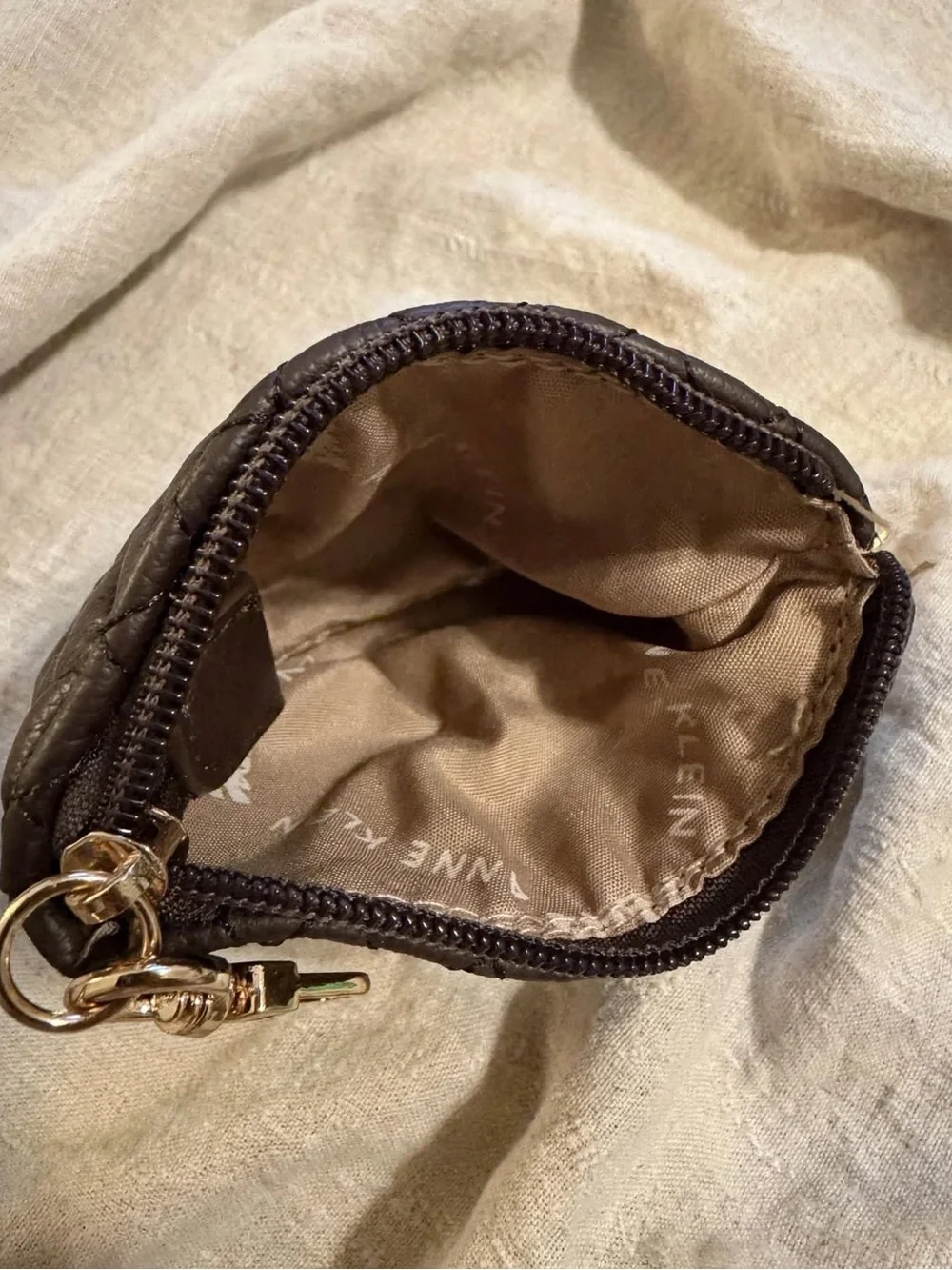 Anne Klein Quilted Chocolate Brown Leather Mini Pouch with Gold Hardware 8.27B